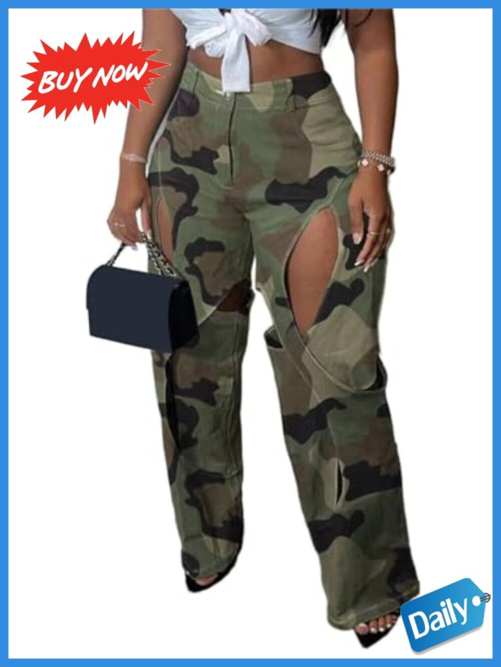 Women Camo Cargo Pants High Waisted Hollow Out Straight Leg